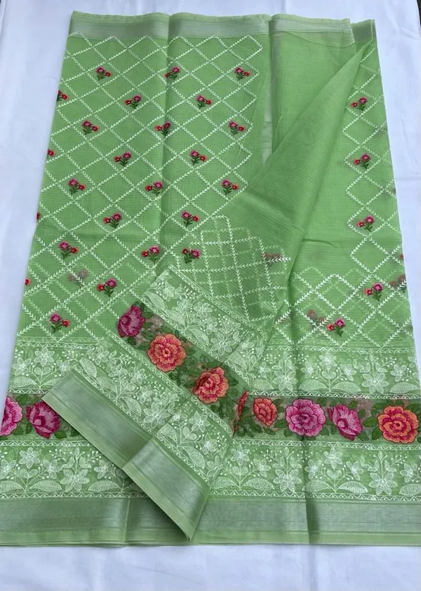 Vibrant_Kota_Doria_Cotton_Floral_Embroidery_Saree_Green