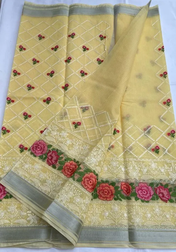 Artisanal_Kota_Doria_Cotton_Floral_Embroidery_Saree_Yellow