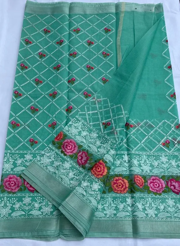 Handmade_Kota_Doria_Cotton_Floral_Embroidery_Saree_Green