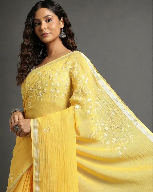 Gleaming_Pure_Linen_Handloom_Saree_Embroidered_Yellow