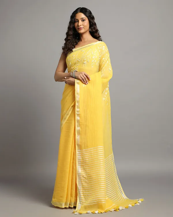 Gleaming_Pure_Linen_Handloom_Saree_Embroidered_Yellow