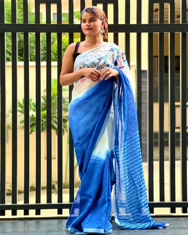 Melodic_Pure_Linen_Saree_Hand_Embroidered_White_&_Blue