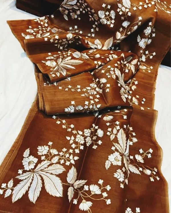 Unique_Embroidered_Organza_Pure_Silk_Brown_Saree