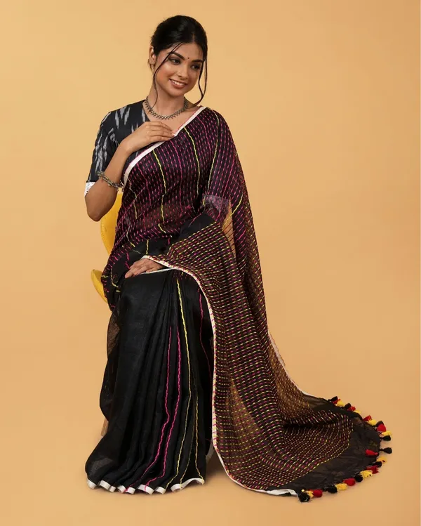 Shining_Pure_Linen_Kantha_Work_Saree_Black