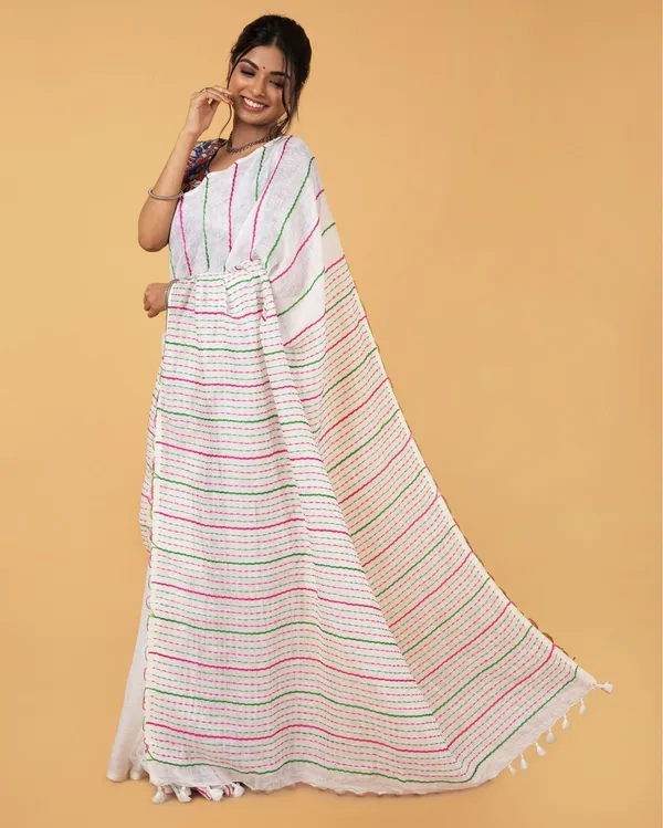 Vibrant_Pure_Linen_Kantha_Work_Saree_Off_White