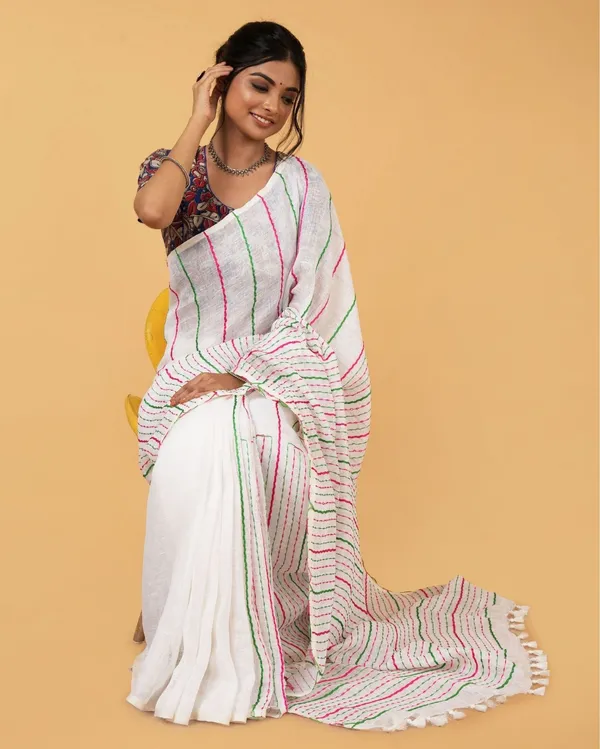 Vibrant_Pure_Linen_Kantha_Work_Saree_Off_White