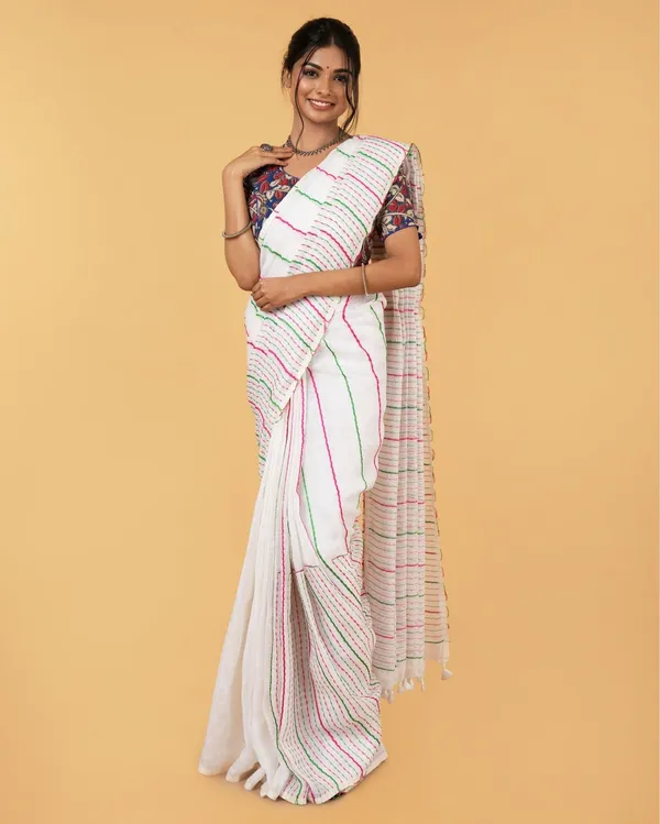 Vibrant_Pure_Linen_Kantha_Work_Saree_Off_White