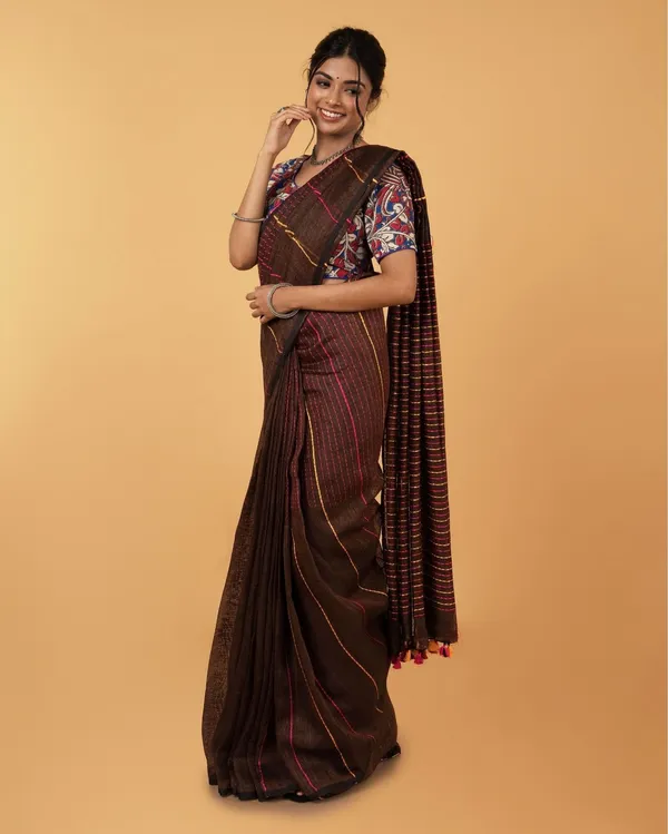 Sophisticated_Pure_Linen_Kantha_Work_Saree_Brown