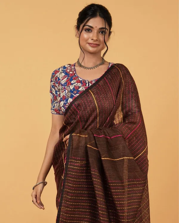 Sophisticated_Pure_Linen_Kantha_Work_Saree_Brown