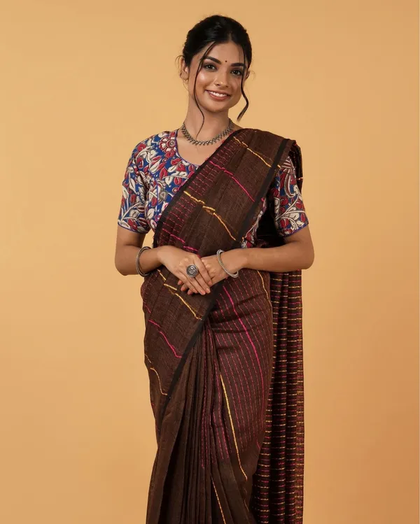 Sophisticated_Pure_Linen_Kantha_Work_Saree_Brown