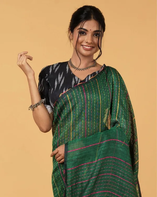 Dreamy_Pure_Linen_Kantha_Work_Saree_Spectra_Green