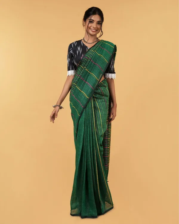 Dreamy_Pure_Linen_Kantha_Work_Saree_Spectra_Green