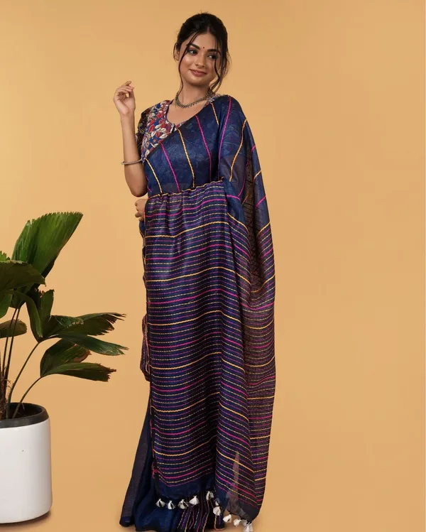Thoughtful_Pure_Linen_Kantha_Work_Saree_Resolution_Blue