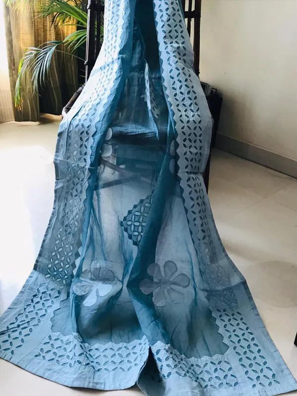 Misty_Organdy_Cotton_Saree_Applique_Work_Blue
