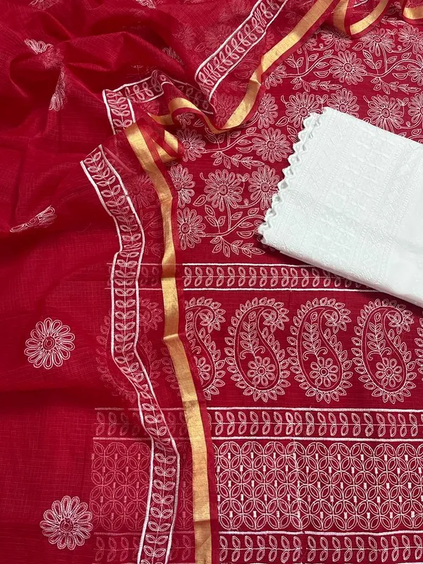 Embroidered_Kota_Doria_Suit_Carmine_Red_(Top+Dupatta+Bottom)