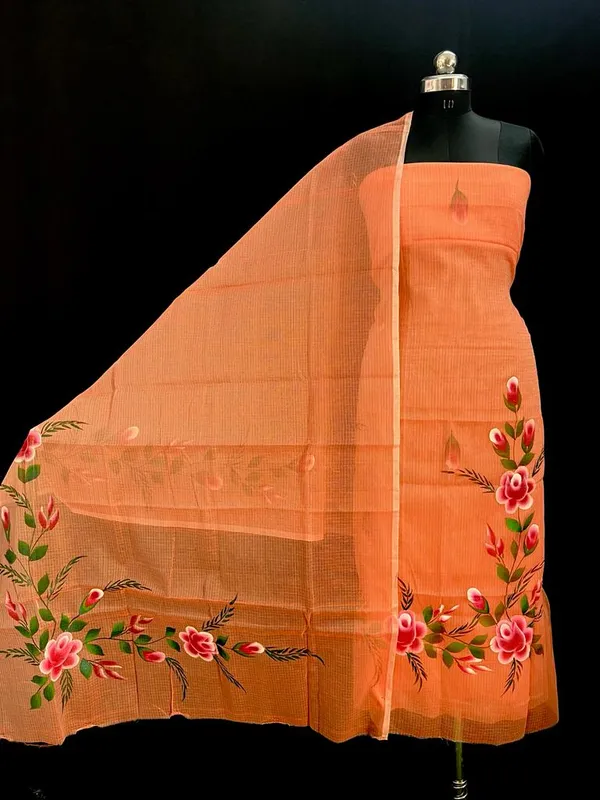 Handpainted_Kota_Doria_Suit_Orange_(Top+Dupatta+Bottom)