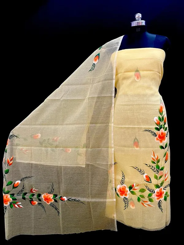 Handpainted_Kota_Doria_Suit_Yellow_(Top+Dupatta+Bottom)