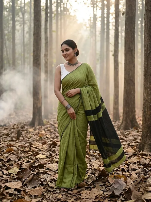 Earthloom_Handdyed_Khadi_Cotton_Saree_Leafy_Green
