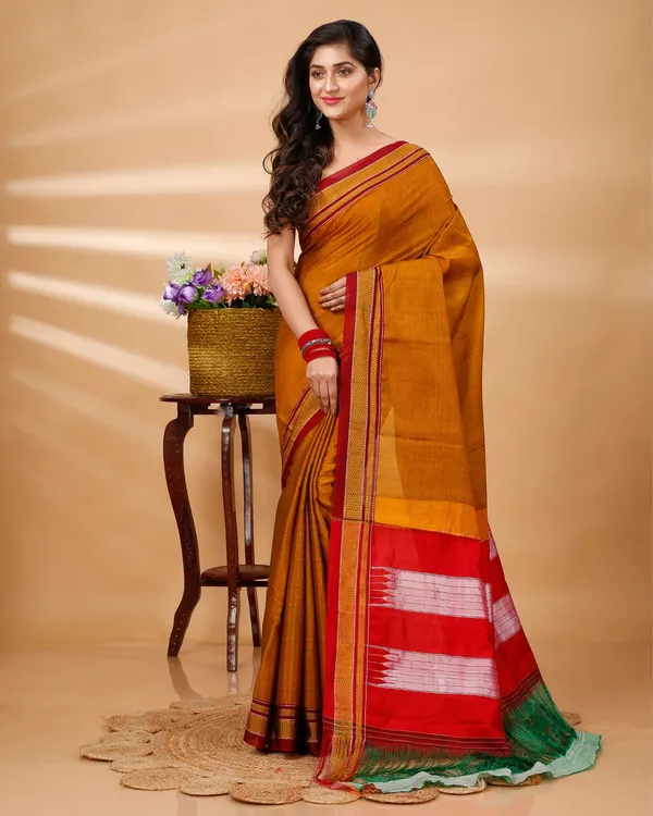 Effulgent_Ilkal_Handloom_Cotton_Silk_Saree_Mustard_Orange