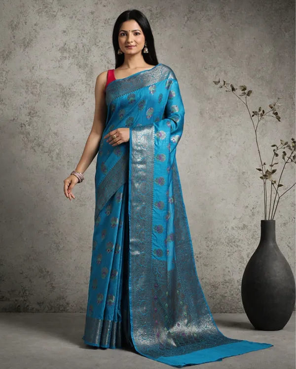 Silkmark_Certified_Banarasi_Muga_Tussar_Pacific_Blue_Saree