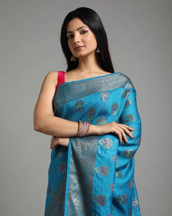 Silkmark_Certified_Banarasi_Muga_Tussar_Pacific_Blue_Saree