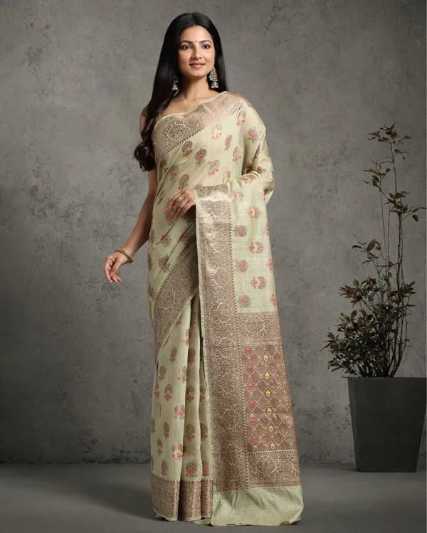 Silkmark_Certified_Banarasi_Muga_Tussar_Tusk_Green_Saree