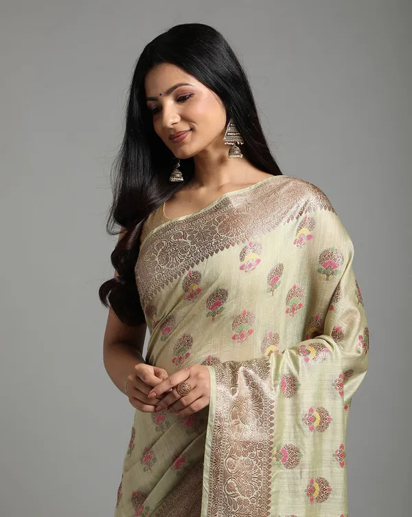 Silkmark_Certified_Banarasi_Muga_Tussar_Tusk_Green_Saree