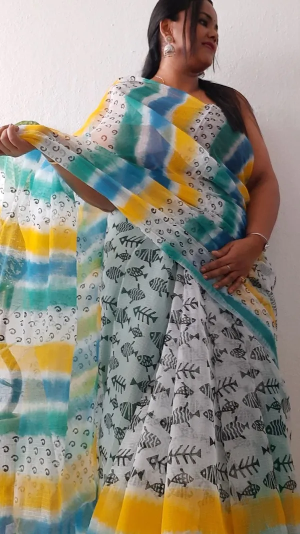 Artisanal_Kota_Doria_Yellow_&_Blue_Saree_Blockprinted