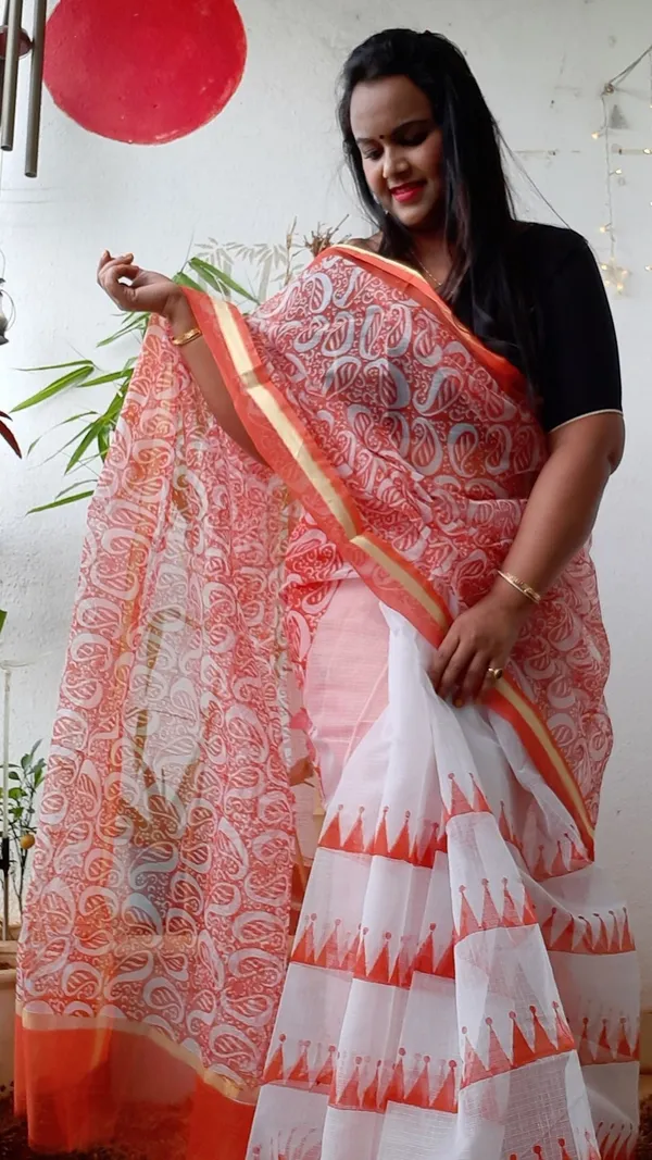 Vibrant_Kota_Doria_Saree_Orange_&_White_Blockprinted