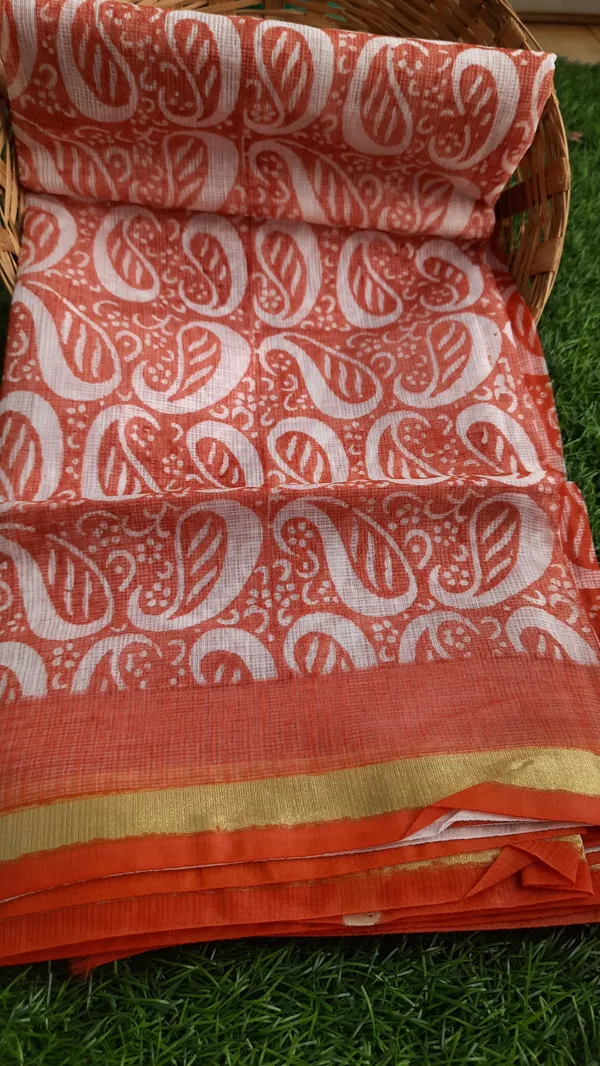 Vibrant_Kota_Doria_Saree_Orange_&_White_Blockprinted