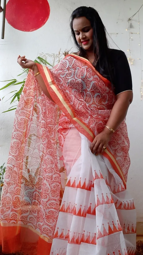 Vibrant_Kota_Doria_Saree_Orange_&_White_Blockprinted