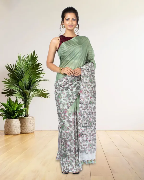 Half_Dye_Half_Print_Kota_Silk_Saree_Granny_Smith_Green