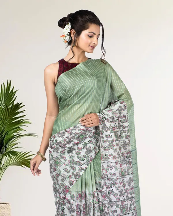 Half_Dye_Half_Print_Kota_Silk_Saree_Granny_Smith_Green