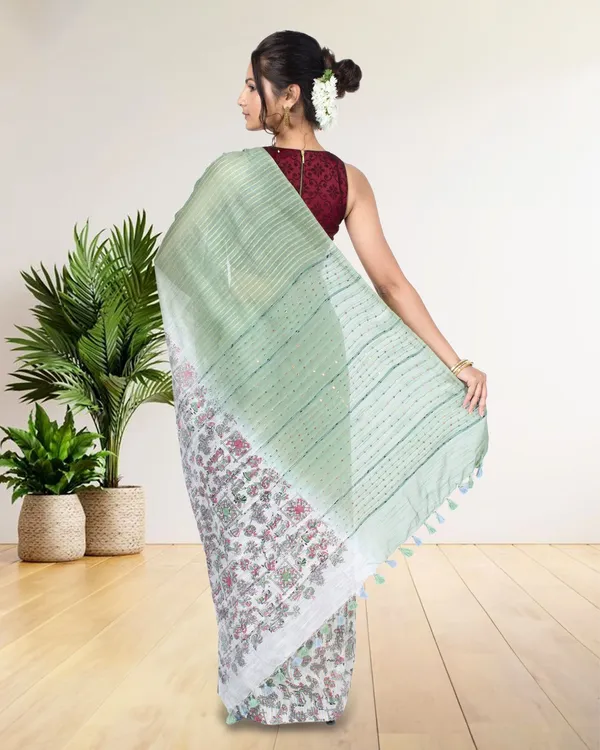 Half_Dye_Half_Print_Kota_Silk_Saree_Granny_Smith_Green