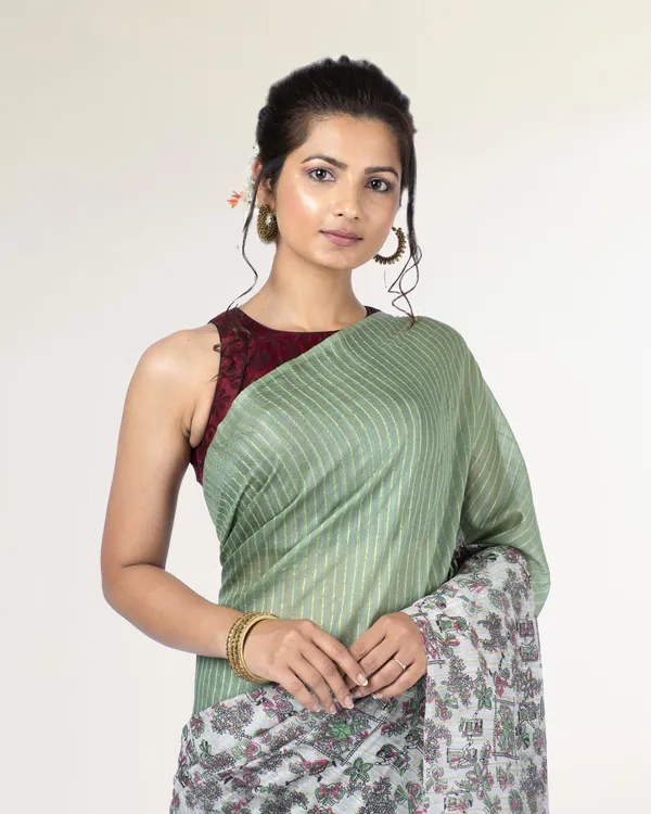 Half_Dye_Half_Print_Kota_Silk_Saree_Granny_Smith_Green