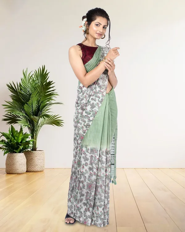 Half_Dye_Half_Print_Kota_Silk_Saree_Granny_Smith_Green