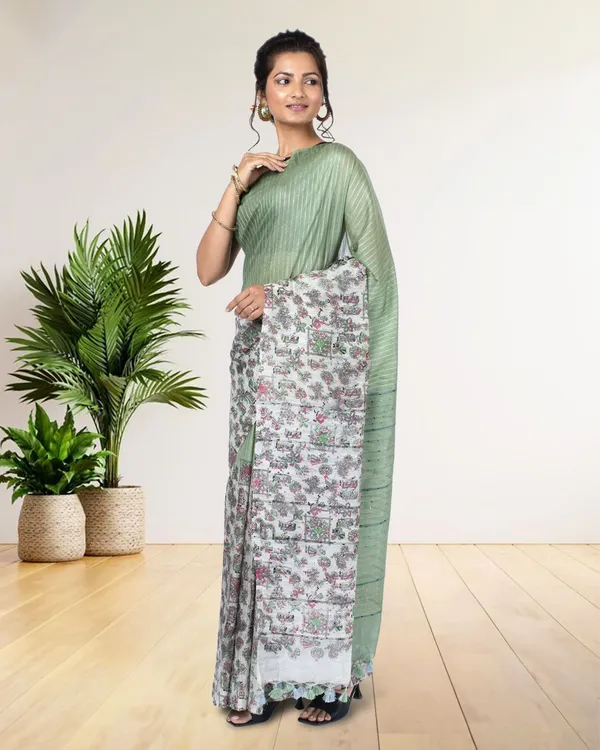 Half_Dye_Half_Print_Kota_Silk_Saree_Granny_Smith_Green