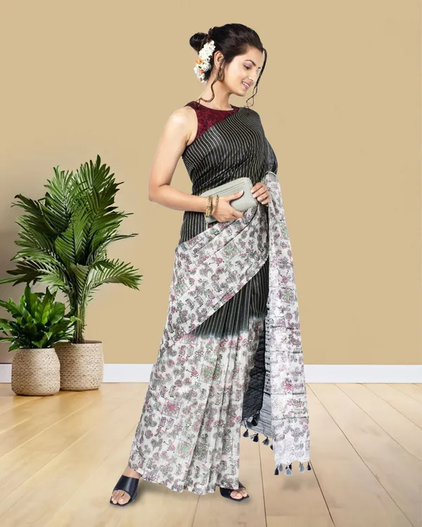 Half_Dye_Half_Print_Kota_Silk_Saree_Black_&_White