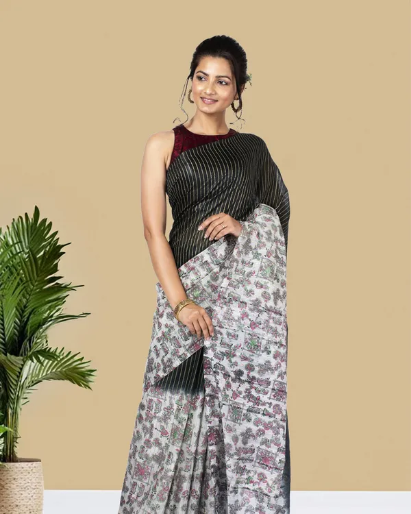 Half_Dye_Half_Print_Kota_Silk_Saree_Black_&_White