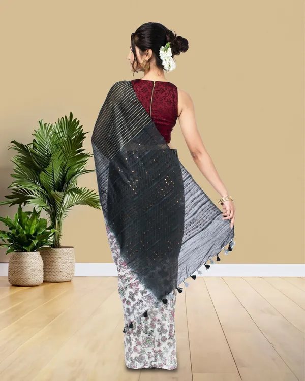 Half_Dye_Half_Print_Kota_Silk_Saree_Black_&_White