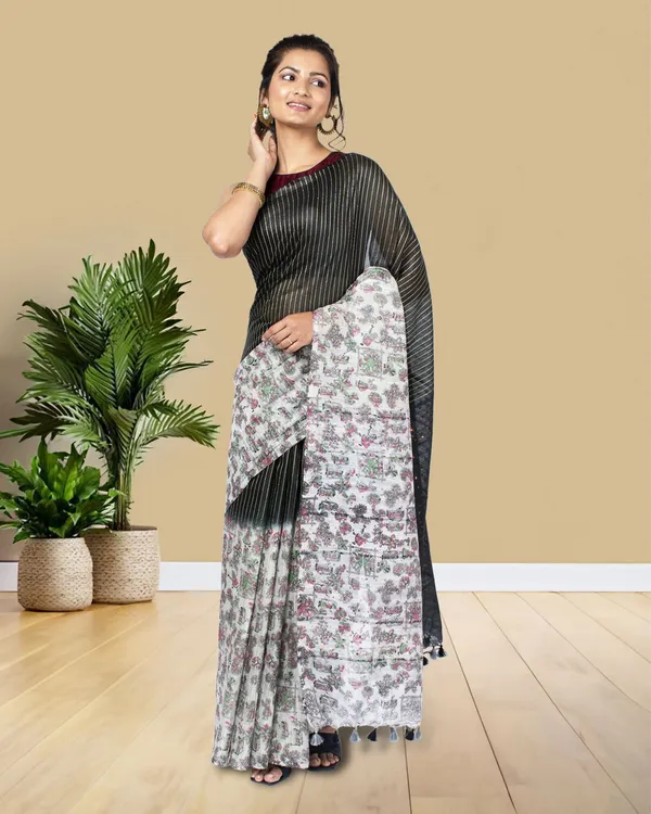 Half_Dye_Half_Print_Kota_Silk_Saree_Black_&_White