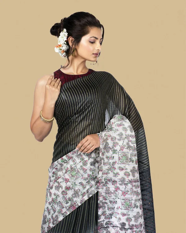 Half_Dye_Half_Print_Kota_Silk_Saree_Black_&_White