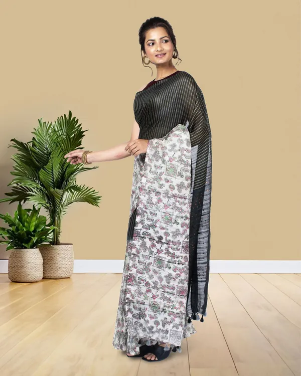 Half_Dye_Half_Print_Kota_Silk_Saree_Black_&_White