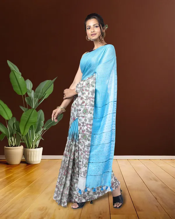 Half_Dye_Half_Print_Kota_Silk_Saree_Summer_Sky_Blue