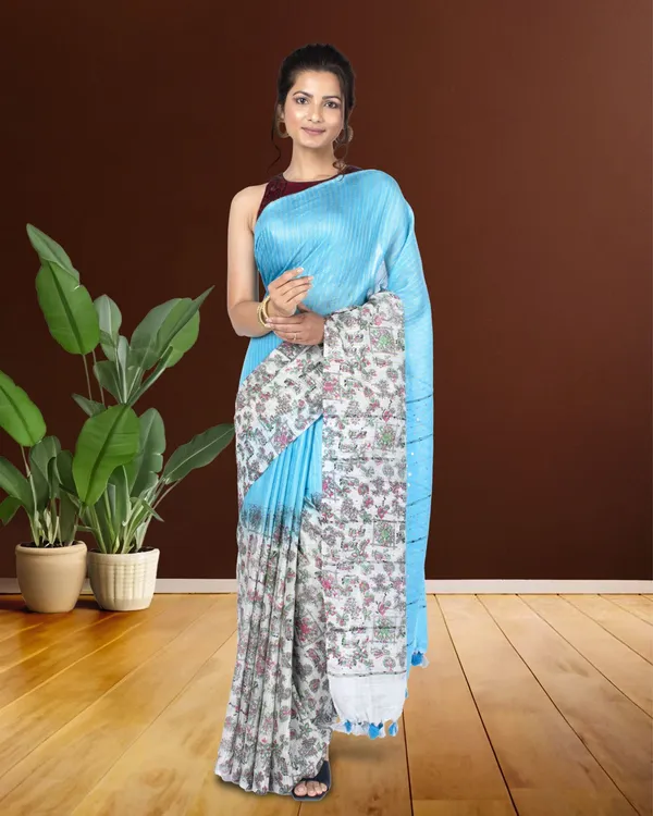 Half_Dye_Half_Print_Kota_Silk_Saree_Summer_Sky_Blue