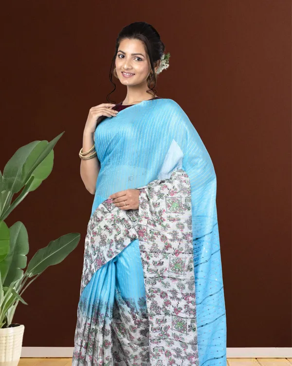 Half_Dye_Half_Print_Kota_Silk_Saree_Summer_Sky_Blue