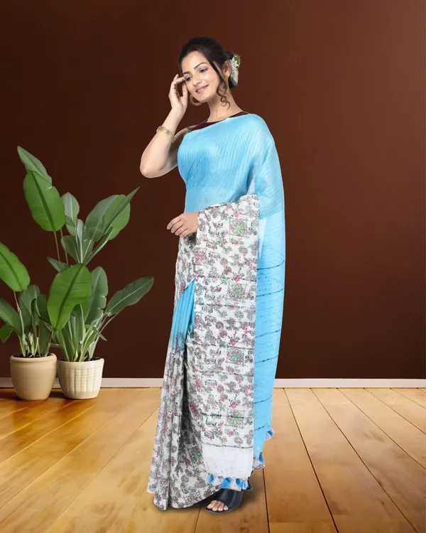 Half_Dye_Half_Print_Kota_Silk_Saree_Summer_Sky_Blue