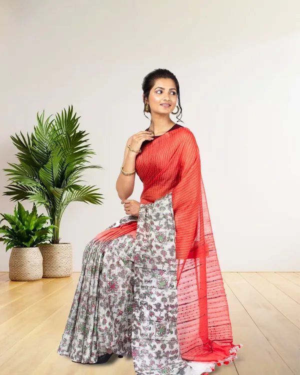 Half_Dye_Half_Print_Kota_Silk_Saree_Sunset_Orange