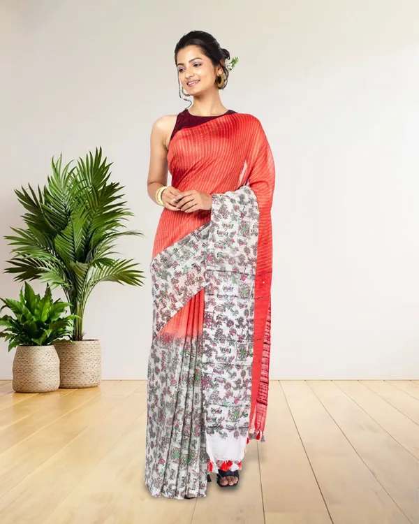 Half_Dye_Half_Print_Kota_Silk_Saree_Sunset_Orange