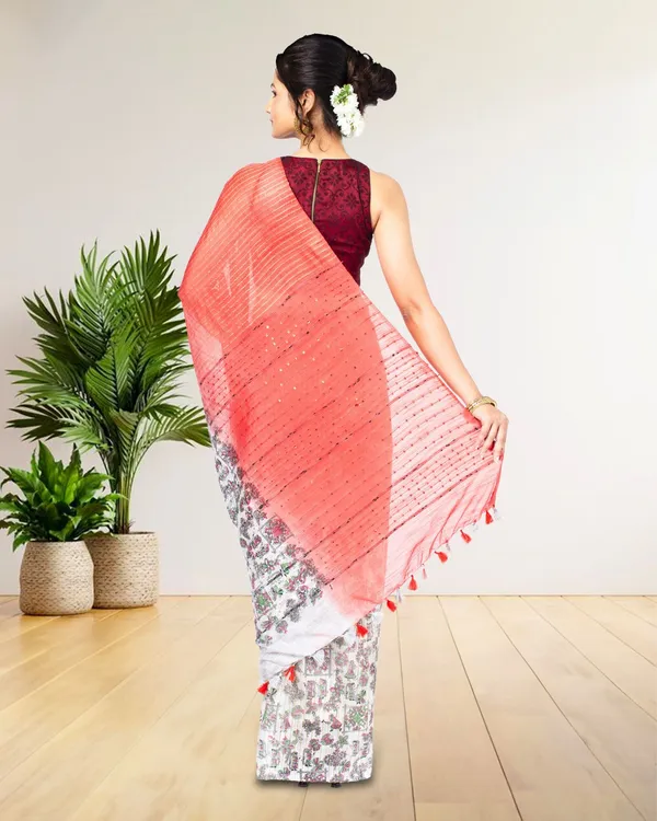 Half_Dye_Half_Print_Kota_Silk_Saree_Sunset_Orange